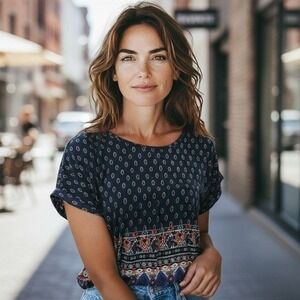 Pink republic, navy and red Boho short sleeve blouse, size‎ medium